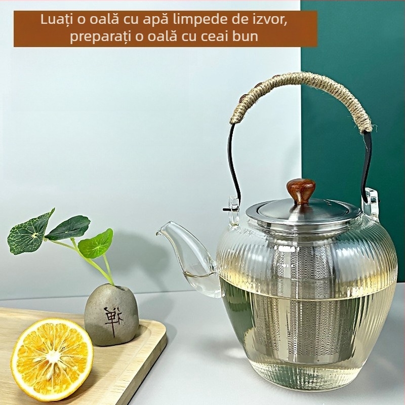 Ceainic din sticlă cu mâner de bambus, ceainic Kung Fu din sticlă borosilikată de înaltă calitate, potrivit pentru plita electrică din ceramică, pentru infuzarea ceaiului de flori și separarea ceaiului de apă
