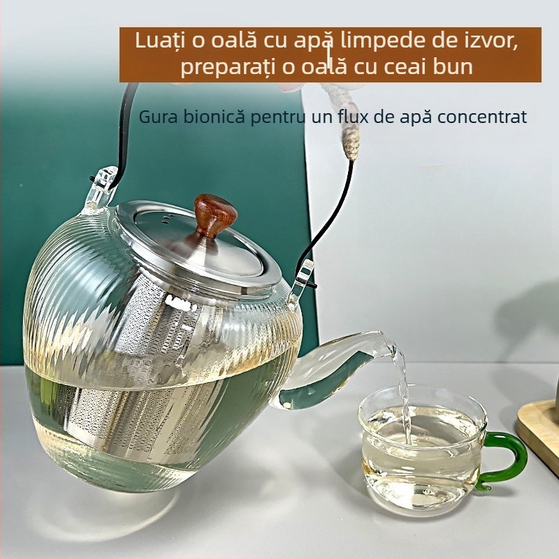 Ceainic din sticlă cu mâner de bambus, ceainic Kung Fu din sticlă borosilikată de înaltă calitate, potrivit pentru plita electrică din ceramică, pentru infuzarea ceaiului de flori și separarea ceaiului de apă