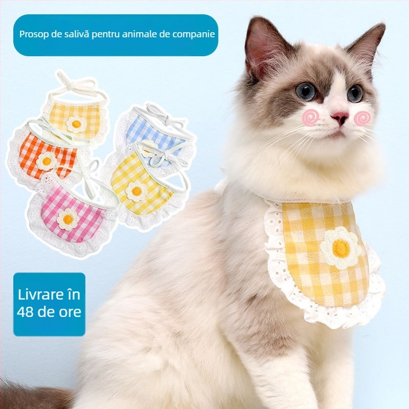 Bibs pentru saliva a animalelor de companie cu guler dantelat, reglabil pentru câini și fular pentru pisici
