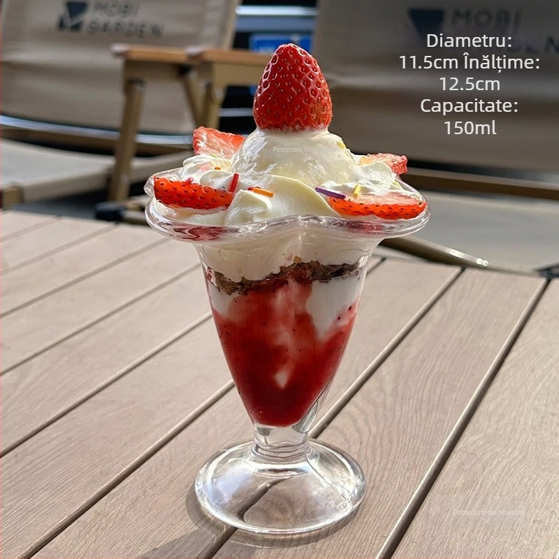 Pahar de desert din sticlă cu lingură — pentru înghețată, milkshake și budincă, formă neregulată, culoare solidă, rezistent la temperaturi înalte