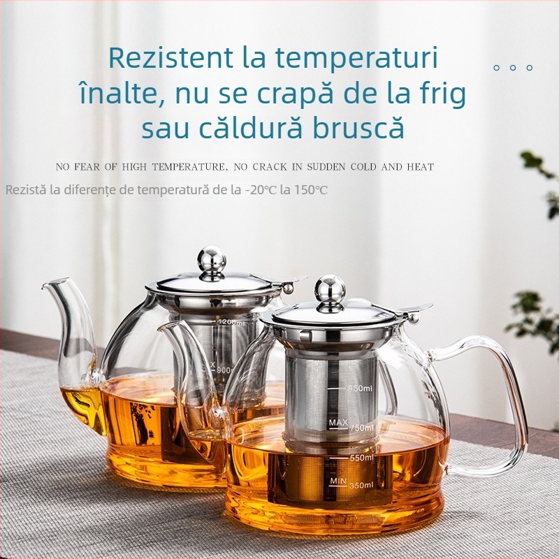 Ceainic din sticlă borosilicată groasă, rezistent la căldură, pentru plită electrică ceramică, cu filtru din oțel inoxidabil demontabil