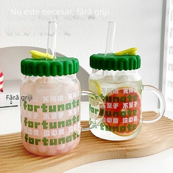 Pahar din sticlă rezistentă la temperaturi înalte cu mâner, capacitate mare, pai, pentru ceai cu lapte, cafea și suc.