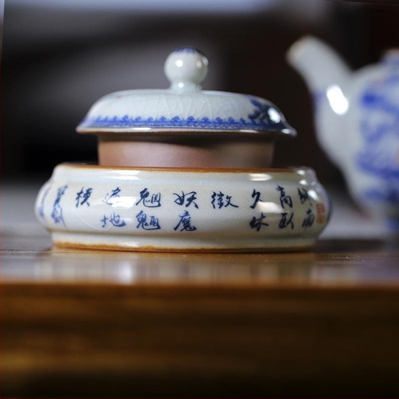 Tava antică de ceai Jingdezhen, cu capac și suport pentru ceașcă, ornament Zhong Kui pentru ceremonia ceaiului, rotund, design deschizător