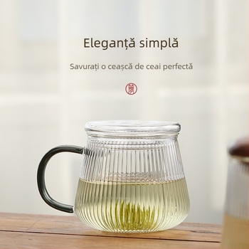 Cească de ceai din sticlă borosilicată, cu model cu dungi verticale, 400 ml, set din trei piese, capac din lemn și inserție interioară