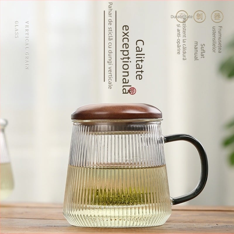 Cească de ceai din sticlă borosilicată, cu model cu dungi verticale, 400 ml, set din trei piese, capac din lemn și inserție interioară