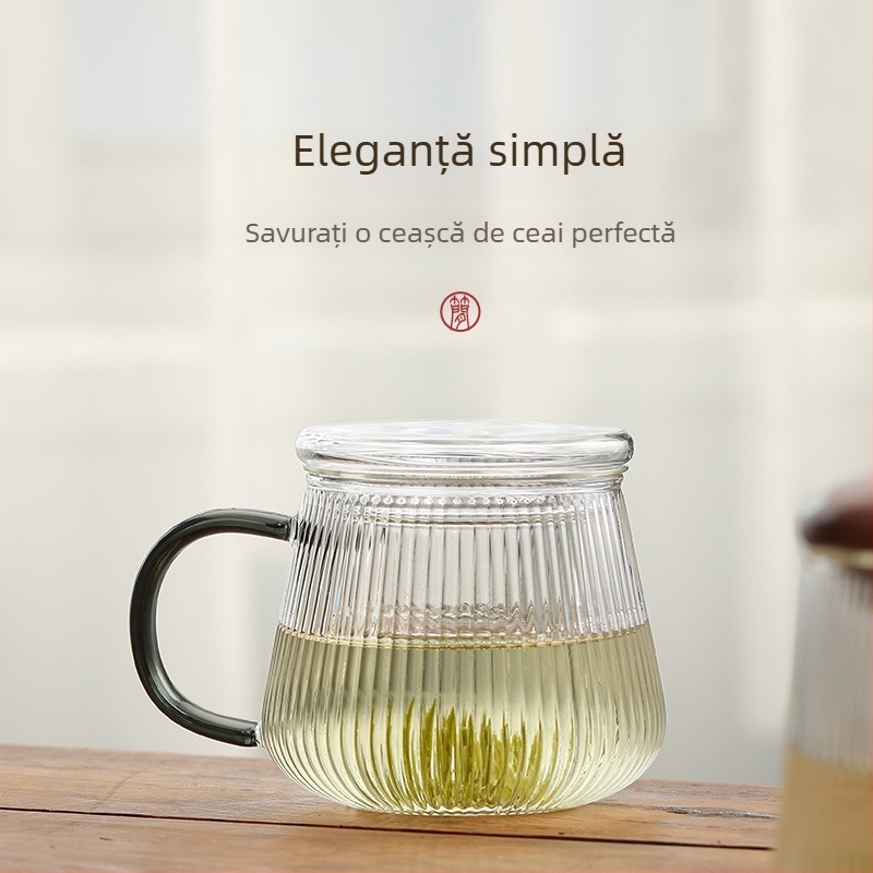 Cească de ceai din sticlă borosilicată, cu model cu dungi verticale, 400 ml, set din trei piese, capac din lemn și inserție interioară