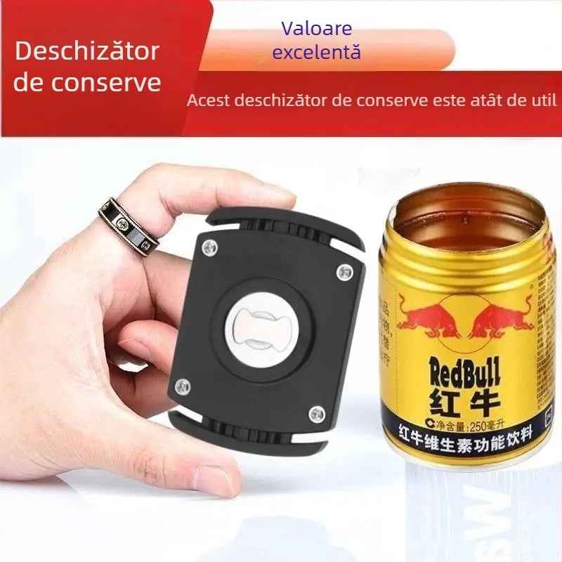 Deschizător multifuncțional pentru sticle și conserve, cu capac rotativ și capac filet