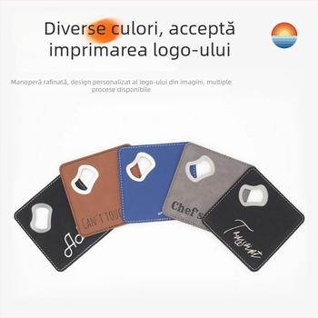 Deschizător de sticle pătrat din piele, corp din oțel inoxidabil, suprafață antiderapantă, suport pentru pahare