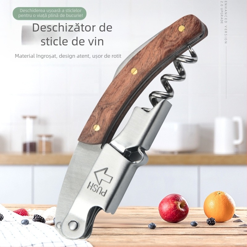 Deschizător multifuncțional de sticle de vin roșu și bere, corp din oțel inoxidabil și mâner din lemn
