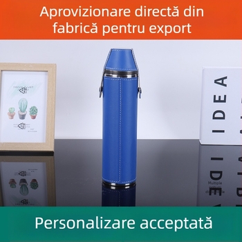 Flacon cilindric din oțel inoxidabil, cu husă din piele — set 2 în 1: flacon și pahar de vin pentru exterior