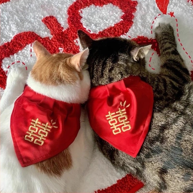Șal triunghiular din mohair pentru animale de companie, pentru pisici și câini, stil chinezesc de nuntă, brodat