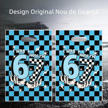 Noul design distractiv cu cifra 67, imprimeu carouri negru-albastru, geantă tote pentru cadouri de ziua de naștere și bomboane