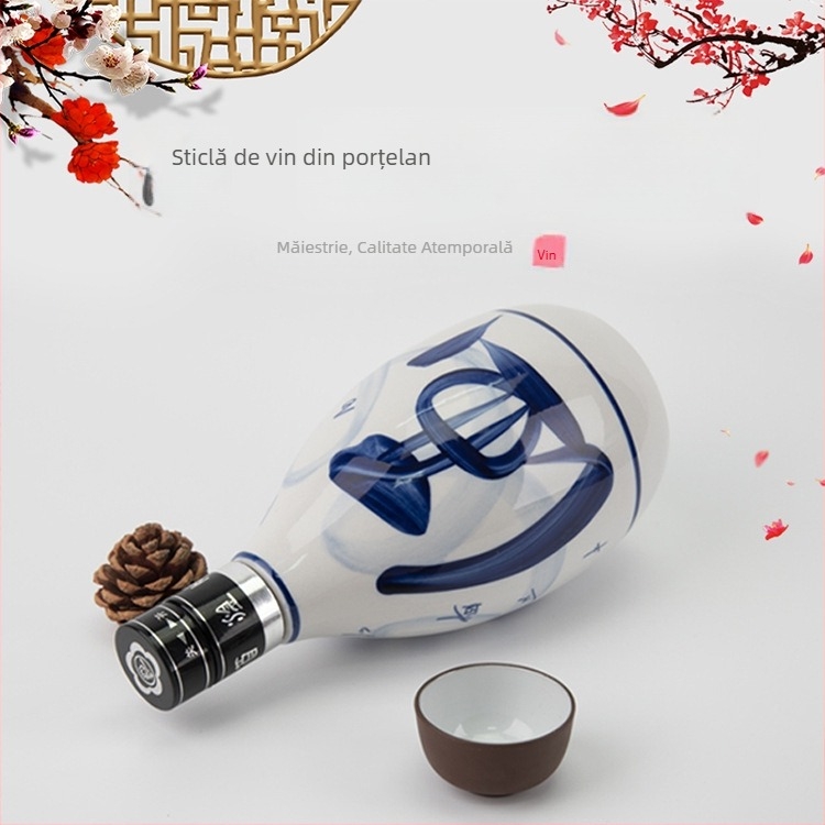 Sticlă de vin din porțelan albastru-alb, ceramică, goală, pictată manual, 0,5 kg, mică sticlă pentru uz casnic, premium