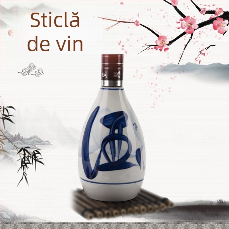 Sticlă de vin din porțelan albastru-alb, ceramică, goală, pictată manual, 0,5 kg, mică sticlă pentru uz casnic, premium