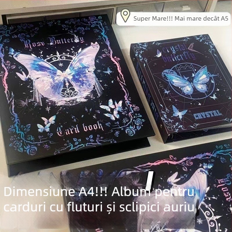 Album de carduri cu fluture negru-albastru, format A4, foi detașabile, grilă cu nouă compartimente, husă tare, depozitare elegantă pentru carduri mici.