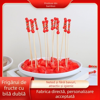 Bețe roșii de fructe cu două mărgele, set 100 buc., bambus, bețe cu flori, furculițe pentru fructe, bețișoare creative, bețișoare pentru vin