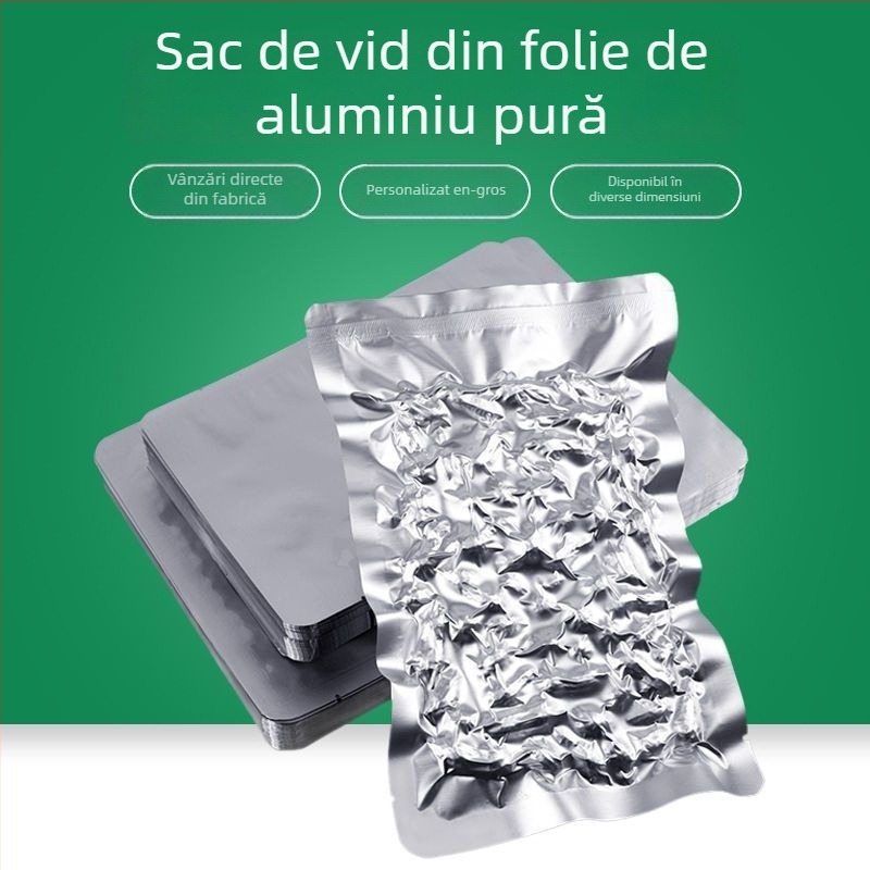 Pungă din folie de aluminiu pură pentru alimente, ambalare cu vid și compresie, sigilare lucioasă, grosime