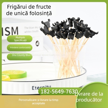 Furculițe de fructe din bambus, de unică folosință, cu model cap de taur negru, bețișoare decorative pentru platou de fructe
