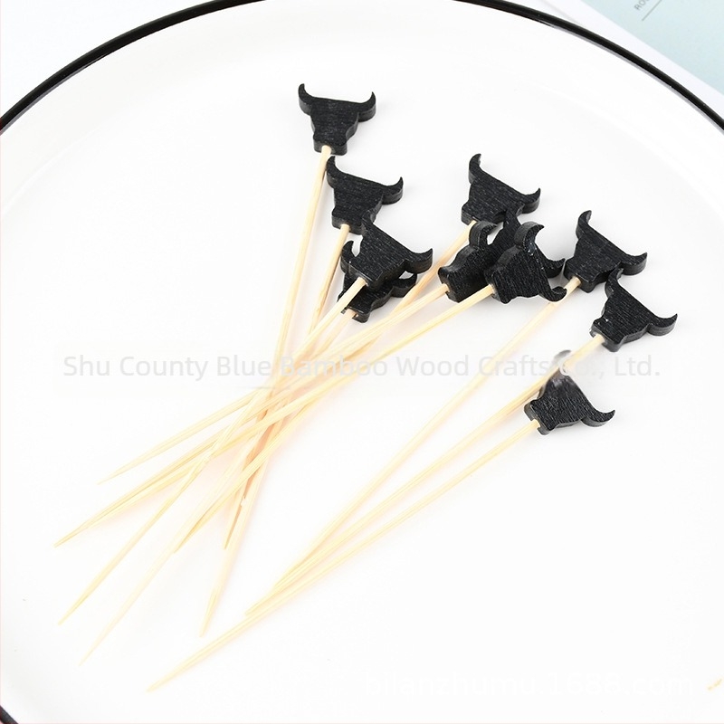 Furculițe de fructe din bambus, de unică folosință, cu model cap de taur negru, bețișoare decorative pentru platou de fructe