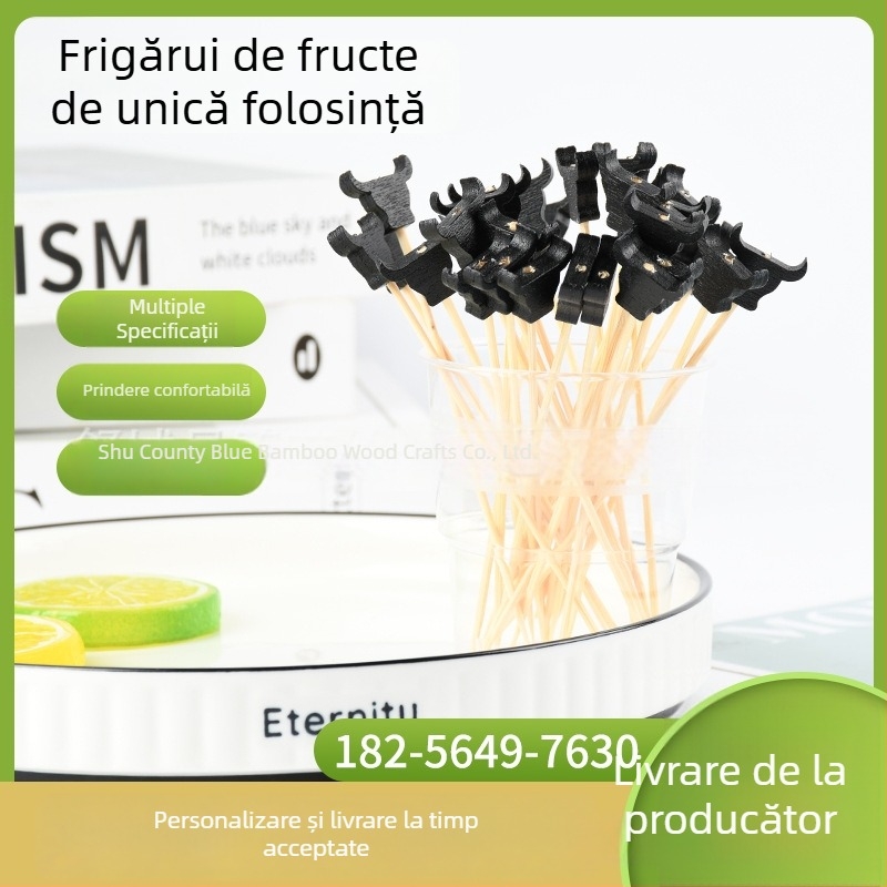 Furculițe de fructe din bambus, de unică folosință, cu model cap de taur negru, bețișoare decorative pentru platou de fructe