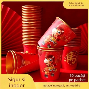 Cupe de hârtie cu folie de aur, roșu, de unică folosință, îngroșate, anti-arsuri, rezistente la temperaturi înalte, 201–300 ml, pentru uz casnic, Anul Nou Chinezesc – Festivalul Primăverii