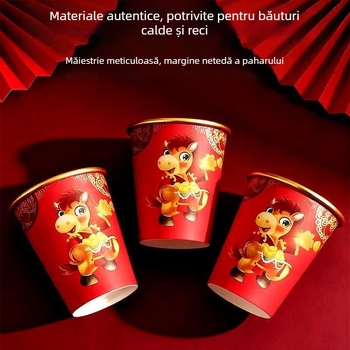 Cupe de hârtie cu folie de aur, roșu, de unică folosință, îngroșate, anti-arsuri, rezistente la temperaturi înalte, 201–300 ml, pentru uz casnic, Anul Nou Chinezesc – Festivalul Primăverii