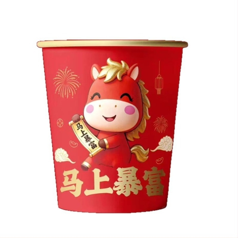 Cupe de hârtie cu folie de aur, roșu, de unică folosință, îngroșate, anti-arsuri, rezistente la temperaturi înalte, 201–300 ml, pentru uz casnic, Anul Nou Chinezesc – Festivalul Primăverii