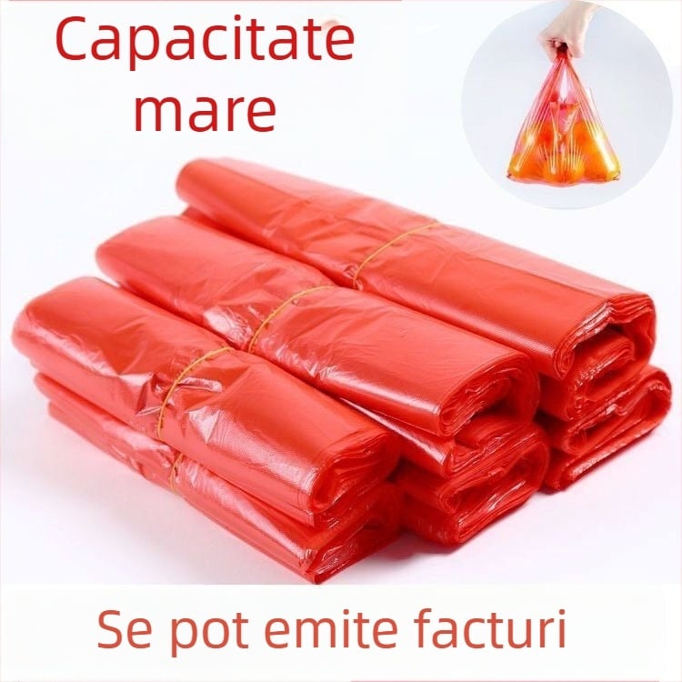 Saci de plastic roșii, groși, de tip poșetă comod pentru cumpărături, destinate supermarketurilor și comerțului en gros