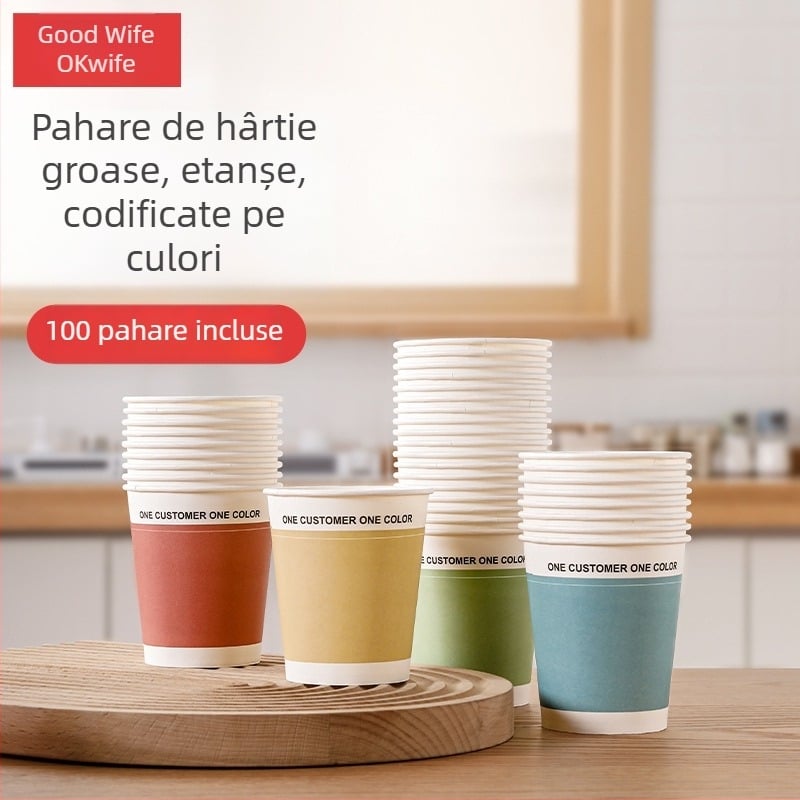 Good Wife cupe de hârtie de unică folosință, pachet 100, 228 ml, îngroșate, multicolor, pentru apă, lapte de soia și cafea