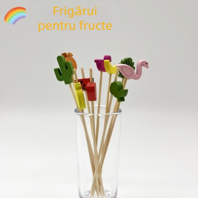 Bețișoare de fructe din bambus, de unică folosință – bețișoare cu flori, furculițe pentru fructe, scobitori, bețișoare pentru cocktail, pentru sandvișuri și inserții pentru prăjituri