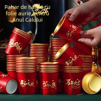 Anul Calului 2026: pahar de hârtie pentru băuturi calde, cu folie de aur, roșu, aspect festiv, unică folosință pentru Anul Nou Chinezesc