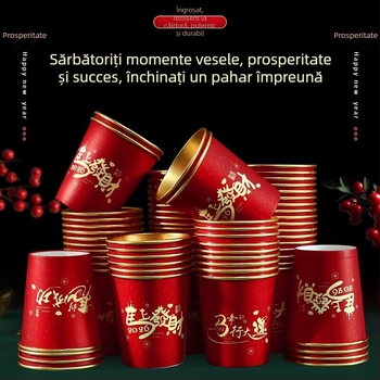 Anul Calului 2026: pahar de hârtie pentru băuturi calde, cu folie de aur, roșu, aspect festiv, unică folosință pentru Anul Nou Chinezesc