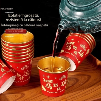Anul Calului 2026: pahar de hârtie pentru băuturi calde, cu folie de aur, roșu, aspect festiv, unică folosință pentru Anul Nou Chinezesc