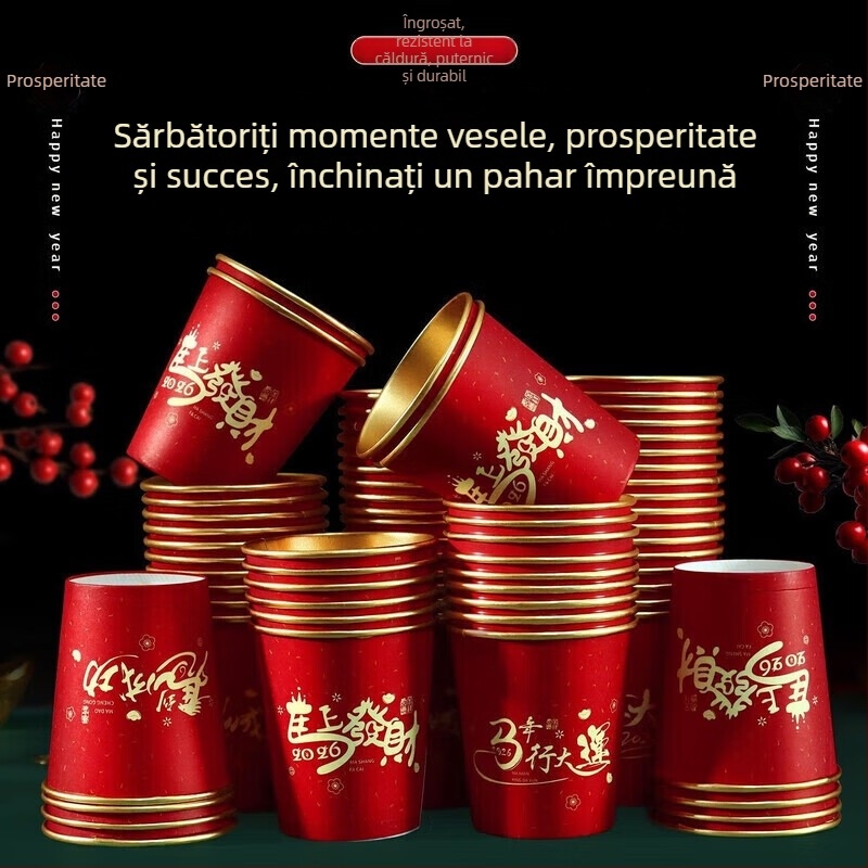 Anul Calului 2026: pahar de hârtie pentru băuturi calde, cu folie de aur, roșu, aspect festiv, unică folosință pentru Anul Nou Chinezesc