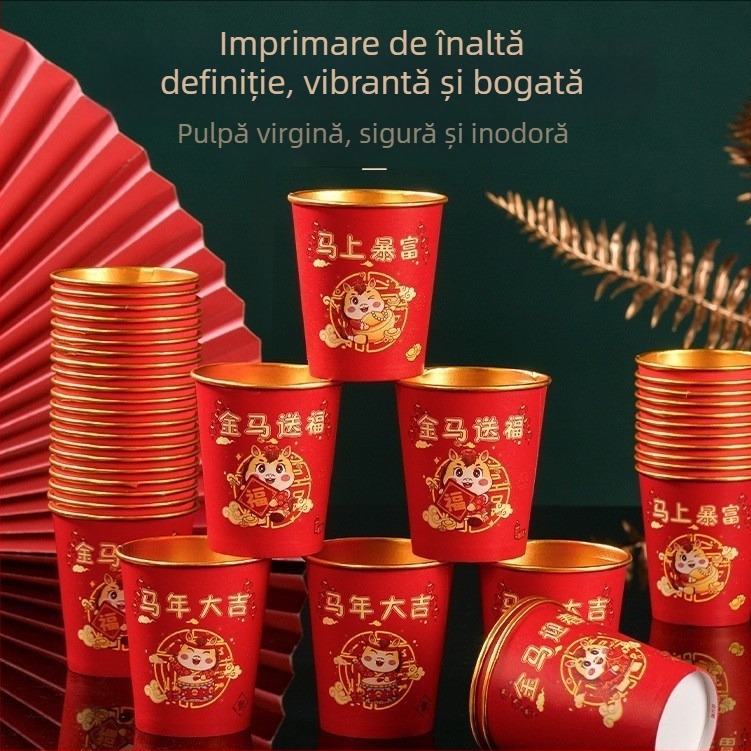 Pahar de hârtie de unică folosință roșu, festiv, gros și rigid, Anul Calului, cu foiță de aur pentru Anul Nou