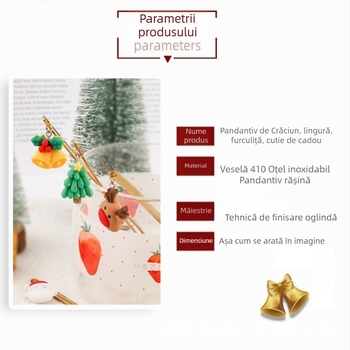Set de tacâmuri de Crăciun din oțel inoxidabil, personalizat, cu Moș Crăciun și brad, în cutie cadou.