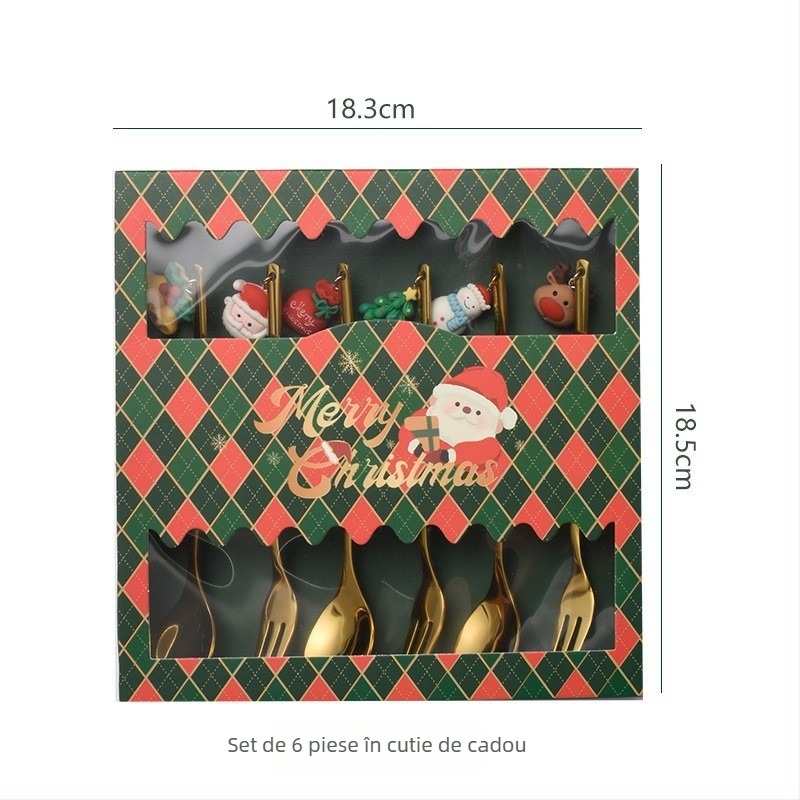 Set de tacâmuri de Crăciun din oțel inoxidabil, personalizat, cu Moș Crăciun și brad, în cutie cadou.