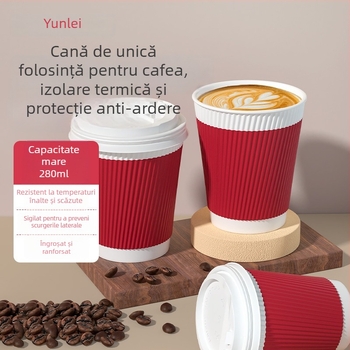 Yunlei ceașă de cafea din hârtie, de unică folosință – ceașcă groasă pentru ceai cu lapte, pentru take-away, cu capac, protecție la arsuri