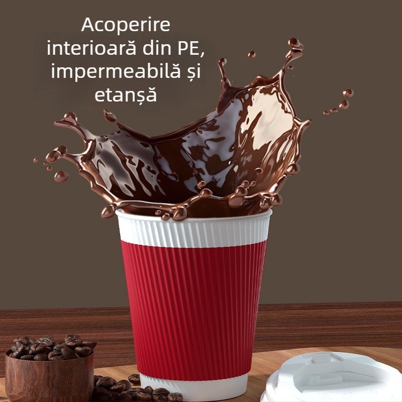 Yunlei ceașă de cafea din hârtie, de unică folosință – ceașcă groasă pentru ceai cu lapte, pentru take-away, cu capac, protecție la arsuri