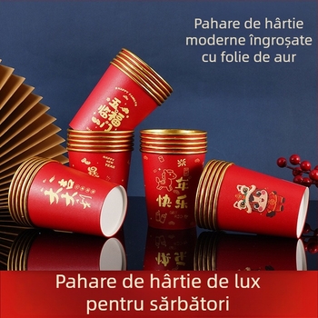 Cupe de hârtie roșii, de unică folosință, cu folie de aur, groase și rigide pentru băuturi calde sau reci; design de nuntă cu desene animate pentru Festivalul de Primăvară; 201–300 ml; 50 buc.