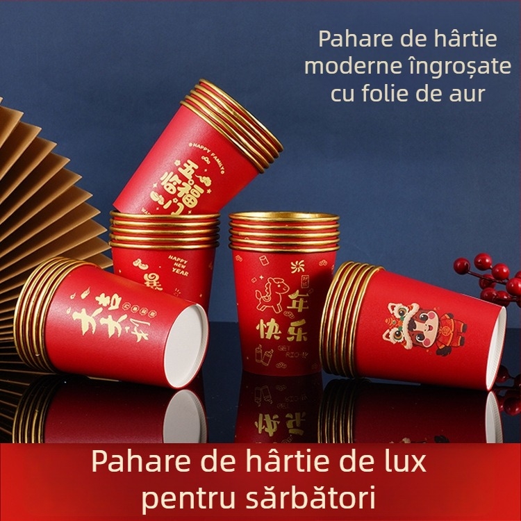 Cupe de hârtie roșii, de unică folosință, cu folie de aur, groase și rigide pentru băuturi calde sau reci; design de nuntă cu desene animate pentru Festivalul de Primăvară; 201–300 ml; 50 buc.