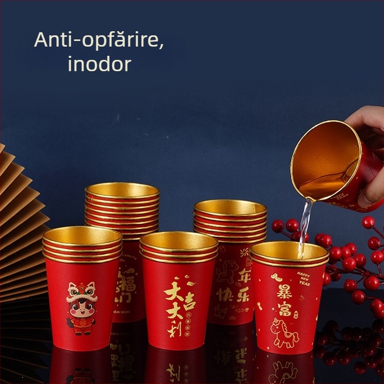 Cupe de hârtie roșii, de unică folosință, cu folie de aur, groase și rigide pentru băuturi calde sau reci; design de nuntă cu desene animate pentru Festivalul de Primăvară; 201–300 ml; 50 buc.