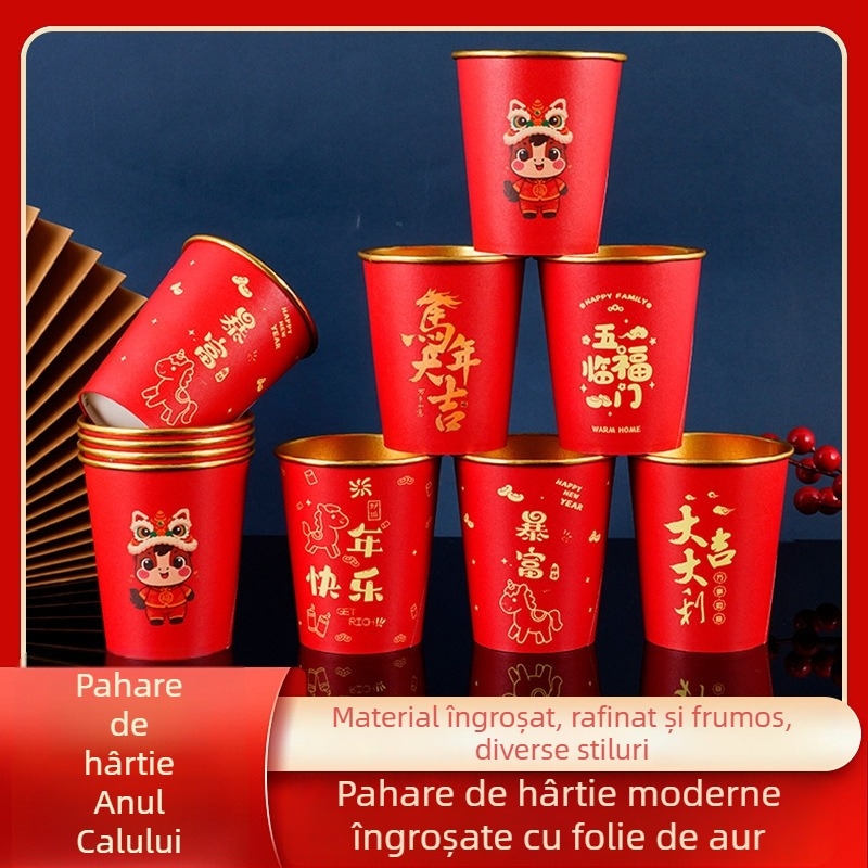 Cupe de hârtie roșii, de unică folosință, cu folie de aur, groase și rigide pentru băuturi calde sau reci; design de nuntă cu desene animate pentru Festivalul de Primăvară; 201–300 ml; 50 buc.