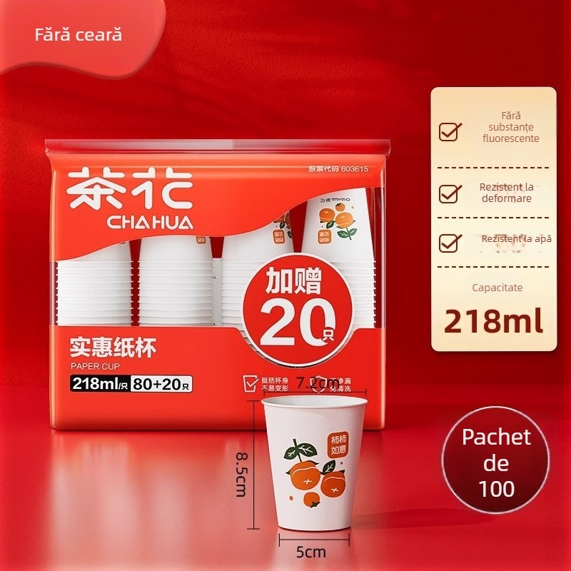 Camellia 218ml pahare din hârtie laminate, de unică folosință, 100 bucăți în pachet, PE laminate, anti-scurgere