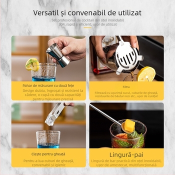 Set shaker de cocktail din oțel inoxidabil, 5 piese, pentru barul de acasă, kit pentru începători