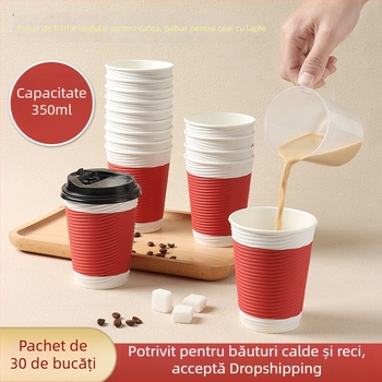 ceașcă de cafea de unică folosință cu capac, set 30 de bucăți, din hârtie ondulată dublu-strat, 350 ml, pentru cafea, ceai cu lapte și lapte de soia