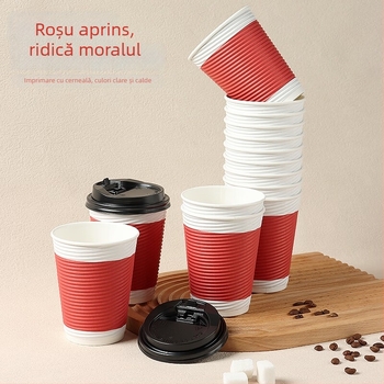 ceașcă de cafea de unică folosință cu capac, set 30 de bucăți, din hârtie ondulată dublu-strat, 350 ml, pentru cafea, ceai cu lapte și lapte de soia