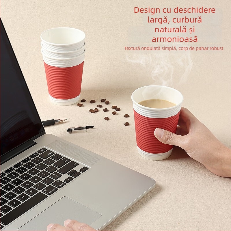 ceașcă de cafea de unică folosință cu capac, set 30 de bucăți, din hârtie ondulată dublu-strat, 350 ml, pentru cafea, ceai cu lapte și lapte de soia