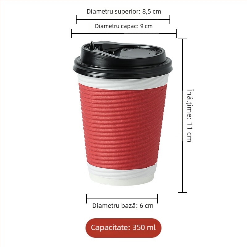 ceașcă de cafea de unică folosință cu capac, set 30 de bucăți, din hârtie ondulată dublu-strat, 350 ml, pentru cafea, ceai cu lapte și lapte de soia