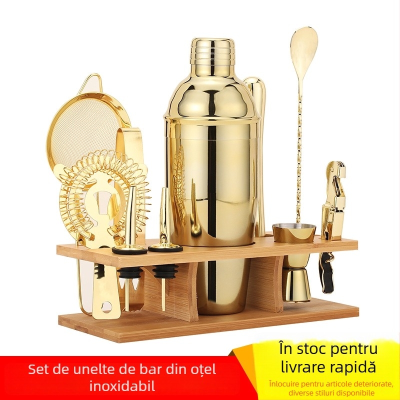 Set auriu de 10 piese pentru bar, instrumente pentru cocktail, clips pentru gheață, filtru pentru gheață și lingură de amestec